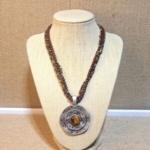 Bohemian Boho Tigers eye Statement Necklace Multi Strand Chunky Magnetic Pendant
